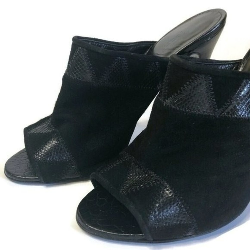 Jenni Kayne mule suede patchwork black embossed crocodile trim stiletto heels - Picture 2 of 9